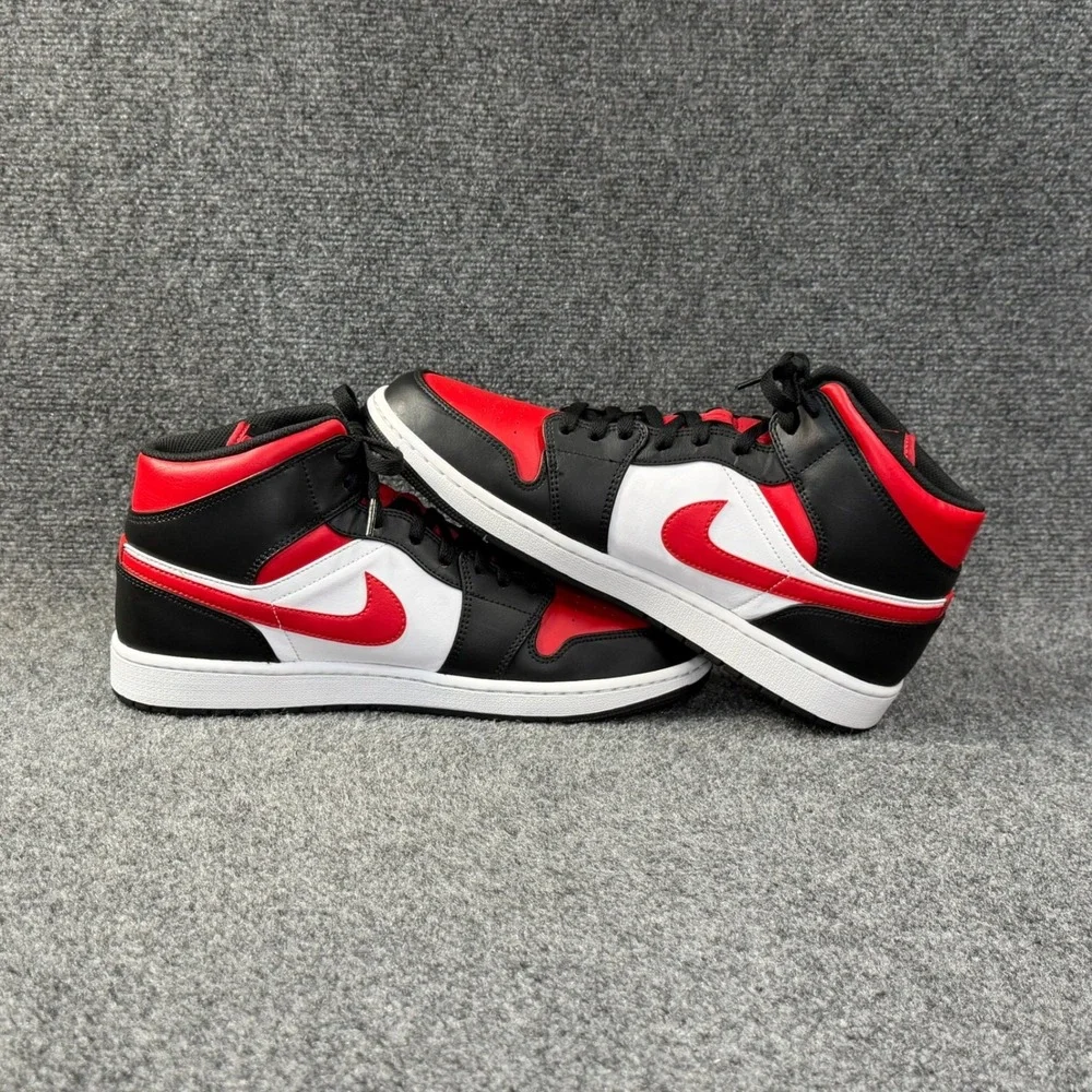 Jordan 1 Mid Basketball Shoes Men's 12 White Black Red Retro Athletic Sneakers